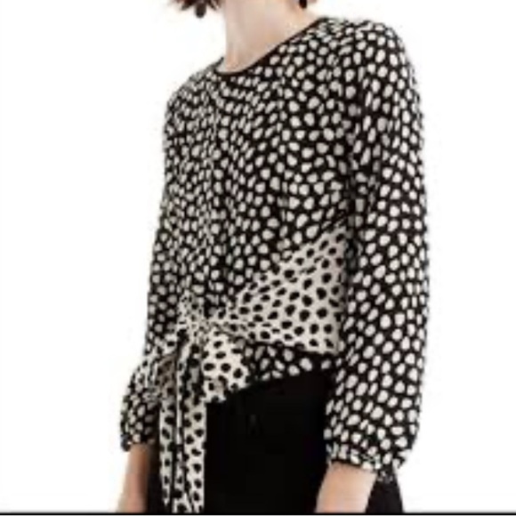 J. Crew Silk Black and Cream Pebble Print Polka Dot Blouse - Picture 3 of 7